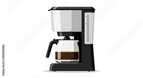 Classic Black Drip Coffee Maker with Freshly Brewed Coffee in Glass Carafe Isolated