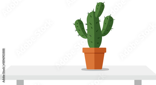 Minimalist Vector Illustration of Green Cactus Plant in Terracotta Pot on White Shelf