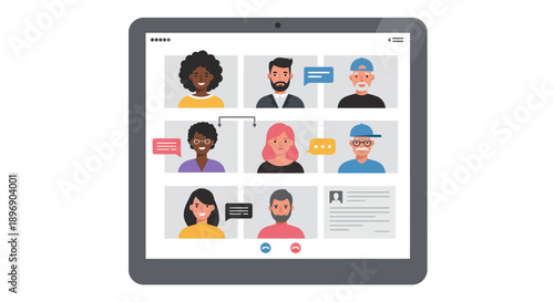Diverse Group of People in Tablet Video Conference Call for Remote Business Meeting or Online Class