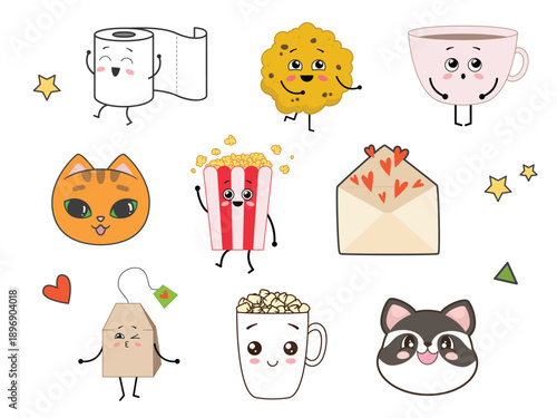 A set of cute stickers - a cat, a tea bag, a cup, an envelope with hearts, a raccoon, and a cookie. Vector illustration isolated on a white background