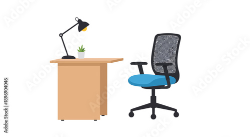 Minimalist Home Office Setup with Ergonomic Chair and Desk Lamp on White Background