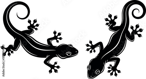 Black Silhouette Gecko Lizard Vector Illustration Set Featuring Two Tropical Reptiles with Curled Tails for Exotic Wildlife Nature Graphic Design and Tribal Tattoo Art