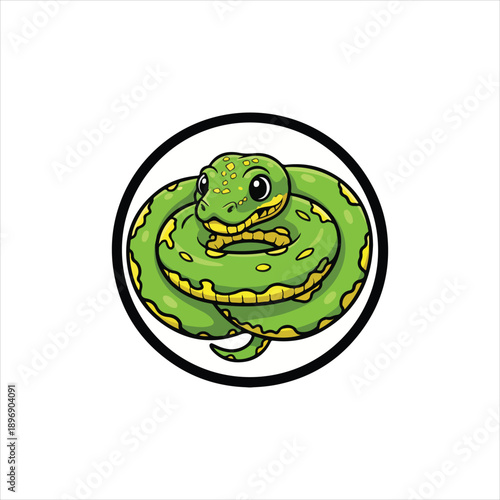 Coiled green snake vector illustration inside a circular frame with yellow spot pattern isolated on white