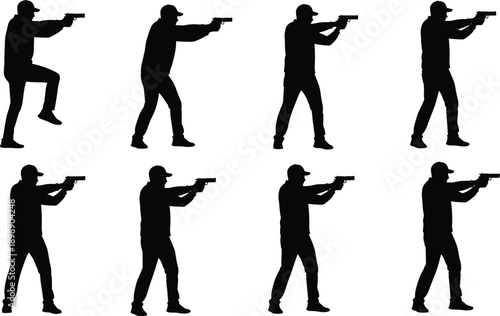 Armed man silhouette vector set showing shooter aiming handgun in different tactical poses representing security, military training, defense, and action concepts