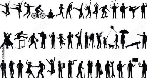 People Silhouette Mega Set Active Lifestyle Poses Dancing Sports Work Family Vector Black Isolated Figures Collection