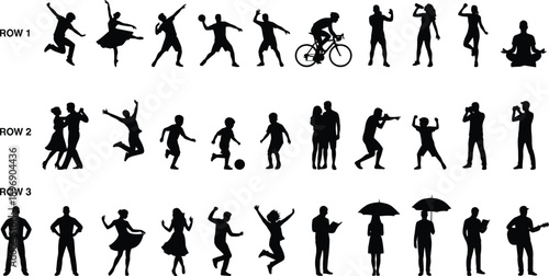 People Silhouette Set Collection of Active Poses Dancing Running Cycling Reading Umbrella Music Vector Isolated Black Figures