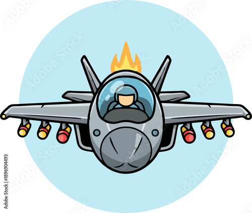Cartoon Fighter Jet Front View with Pilot, Red Missiles and Flames, Blue Circle Vector Illustration