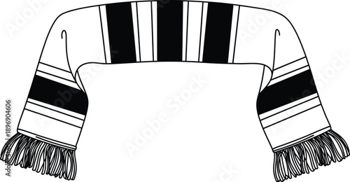 Black and white striped scarf with tassels on white background