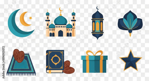 Islamic Icons Set Crescent Moon Mosque Lantern Prayer Mat Quran Gift Star.