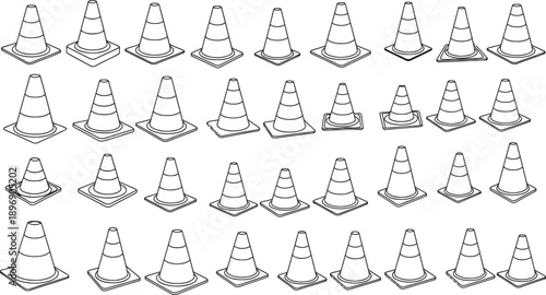 Collection of traffic cones arranged in grid pattern