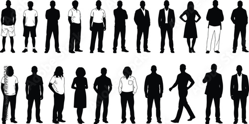 People silhouette vector set showing diverse men and women standing in different poses representing social diversity, lifestyle, fashion, and human characters