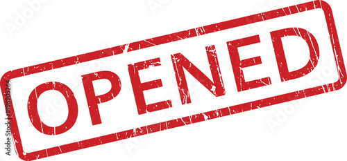 A distinct red rubber stamp with a rustic grunge style displaying the important word OPENED