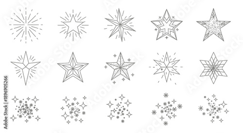 Collection of Diverse Star Icons and Sparkle Embellishments on White Background