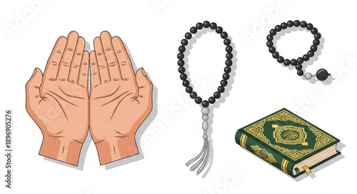 Islamic prayer beads and holy book with open hands.