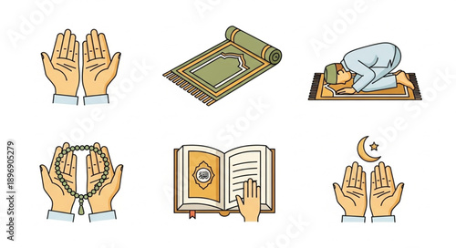 Islamic prayer and religious symbols illustration.