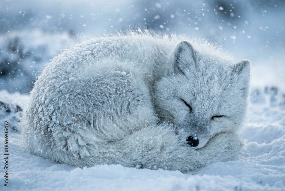 Obraz premium An arctic fox curls up in the snow, its fur blending with the white landscape. Snowflakes fall gently around as the animal enjoys a quiet moment in the cold