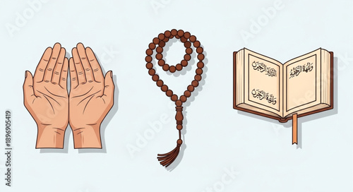 Islamic prayer hands rosary and holy book illustration.