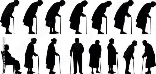 Silhouette Set of Elderly People Walking with Canes and Sitting Isolated on White Background for Aging Concepts