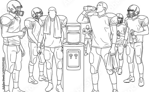 Football players gathering around water cooler