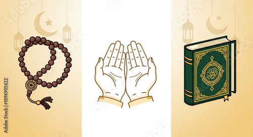 Islamic prayer items including rosary hands and Quran.