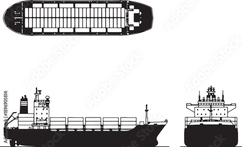 Black silhouette of a cargo ship with containers viewed from side and front also transparent background