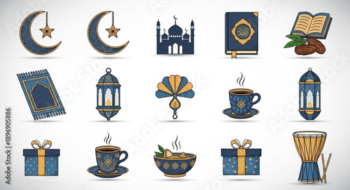 Islamic Ramadan Icons Collection Set Religious Symbols.