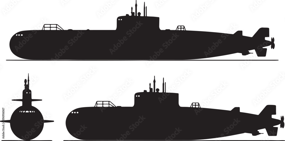 Obraz premium Black silhouette of a submarine shown from side and front views on a white background also transparent background