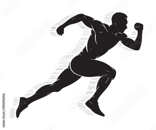Silhouette of muscular sprinter running fast expressing power energy and speed in athletic track competition concept isolated on transparent background