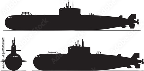 Black silhouette of a submarine shown from side and front views on a white background also transparent background