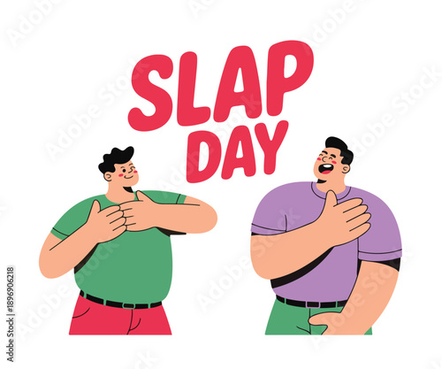 Slap day greeting card with funny men laughing together and red typography text on transparent background for social media content and playful holiday event
