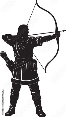 Black silhouette of an archer a bow with arrows in a quiver on white background also transparent background