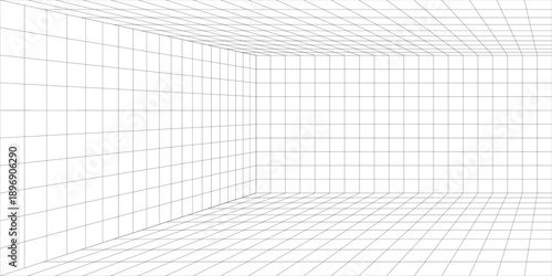 3D wireframe room colorful on dark background. Abstract perspective grid. Vector illustration.