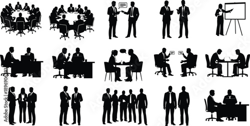 Business people silhouette vector set showing meetings, discussions, presentations, teamwork, negotiations, and corporate communication scenes in professional office environments