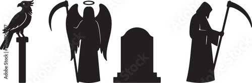 Black silhouettes of a bird on a post an angel with a scythe a tombstone and the grim reaper with a scythe on a white background also transparent background