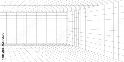 3D wireframe room colorful on dark background. Abstract perspective grid. Vector illustration.