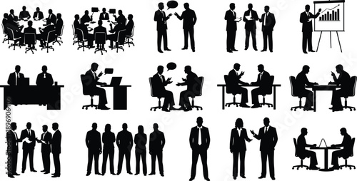 Business people silhouette vector set showing corporate meetings, teamwork, discussions, presentations, negotiations, and professional communication scenes in office environments