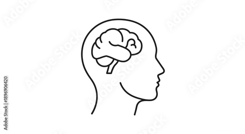Simple line art illustration depicts the human head profile with the brain structure clearly visible inside for conceptual representation.