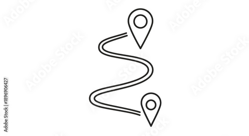 Minimalist line art icon depicting a winding navigation route connecting two distinct location pins for travel planning visualization.