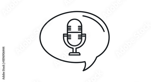 Minimalist outline icon depicting a classic broadcast microphone symbol enclosed within a digital speech bubble graphic.