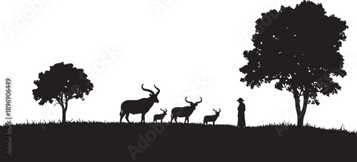 Silhouette of antelopes and a person standing on grassy hill with trees also transparent background