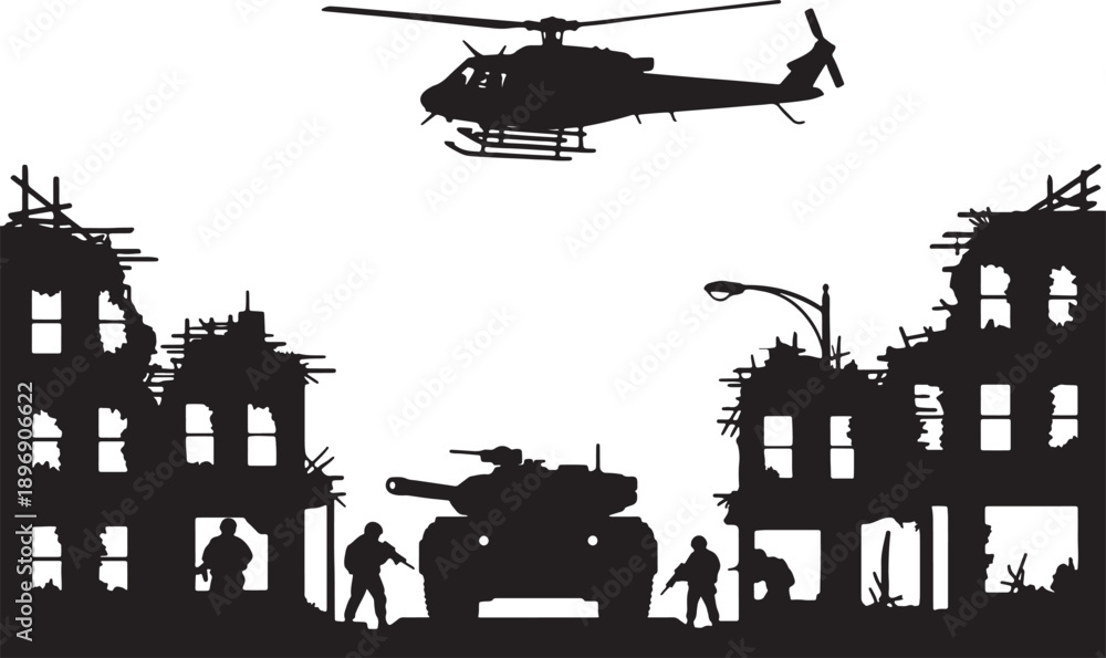 Fototapeta premium Silhouette of military helicopter hovering over destroyed city buildings with tank and soldiers also transparent background