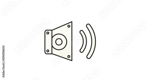 Minimalist line art icon depicting a beige speaker emitting sound waves against a solid black background graphic
