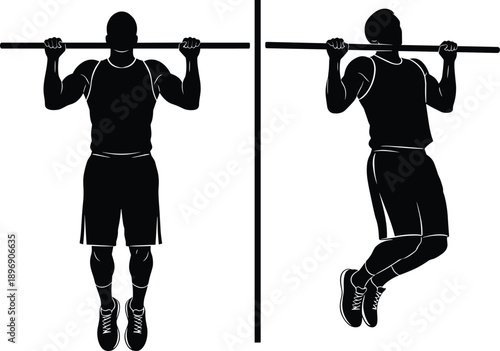 Art & IllustrationPull up exercise silhouette illustration showing front and side views of athlete performing bodyweight strength training on bar