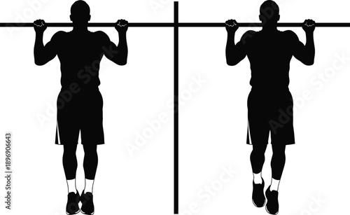 Pull up exercise silhouette vector showing front views of muscular athlete performing bodyweight strength training on horizontal bar