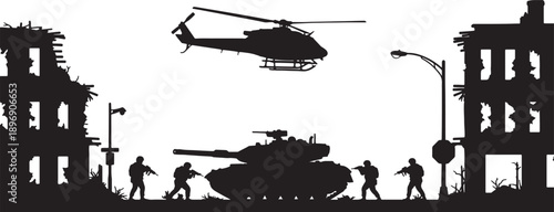 Silhouette of military helicopter tank and soldiers in destroyed urban environment also transparent background