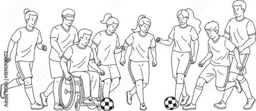 Group of people playing football together with disabled person