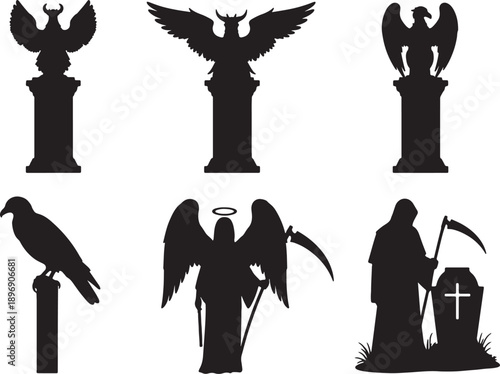 Six black silhouette featuring eagles on pedestals a bird on a post a winged angel with halo and a grim reaper with scythe and tombstone also transparent background