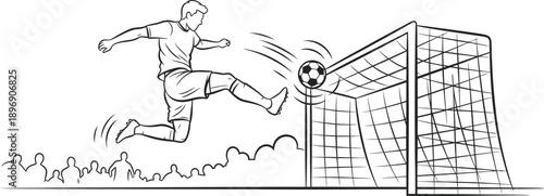 Soccer player scoring goal with powerful kick