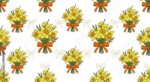 seamless pattern of yellow daffodil and buttercup bouquets with orange bows a cheerful spring floral design perfect for easter.