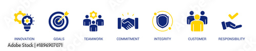 Core Values Solid Blue Yellow Color Icon Set For Web Banner. Vector Illustration Concept With Some Icons. Designed In Solid Blue Yellow Color Style